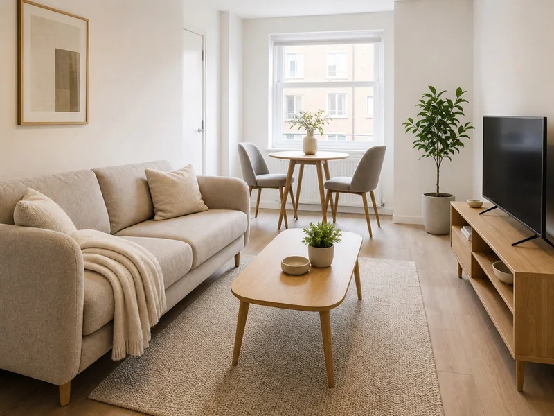 Compact neutral apartment living room with coordinated oak furniture